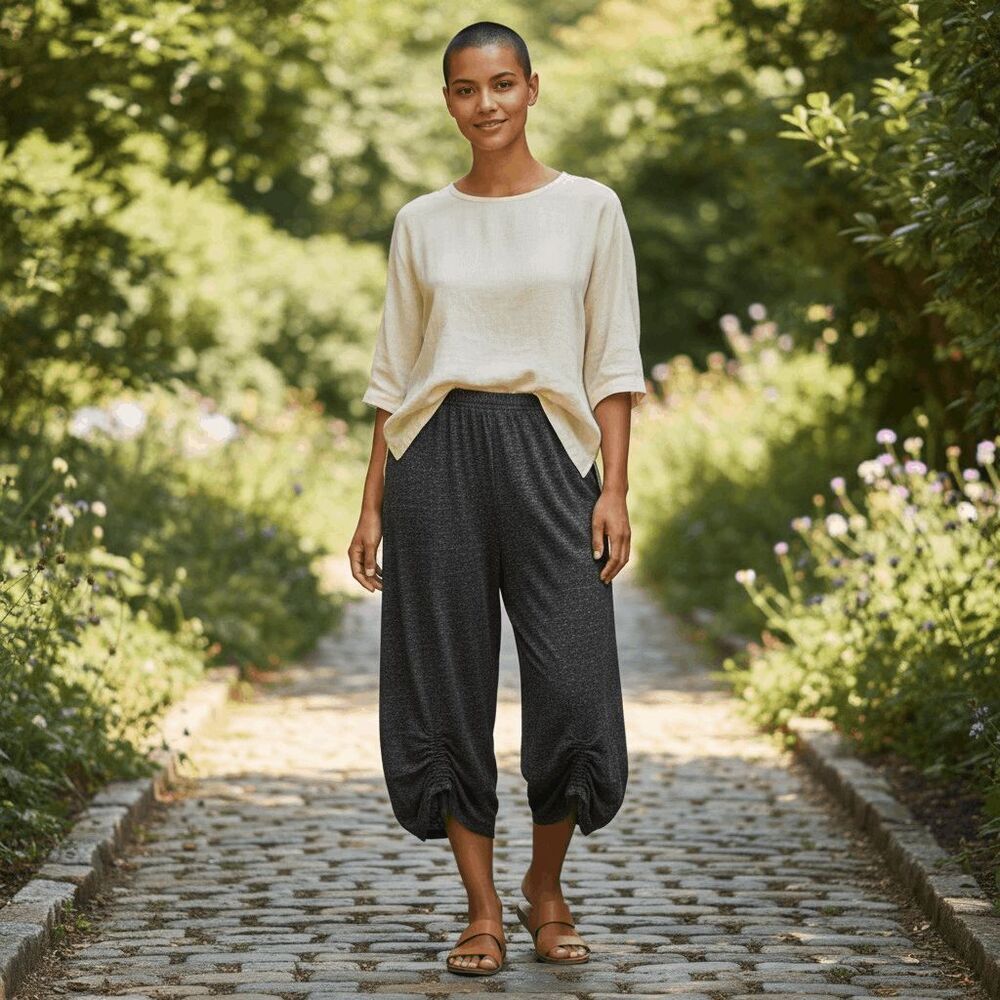 Bryn Walker Wool Blend Wide Leg Ruched Tie Hem Pants Marled Black Medium